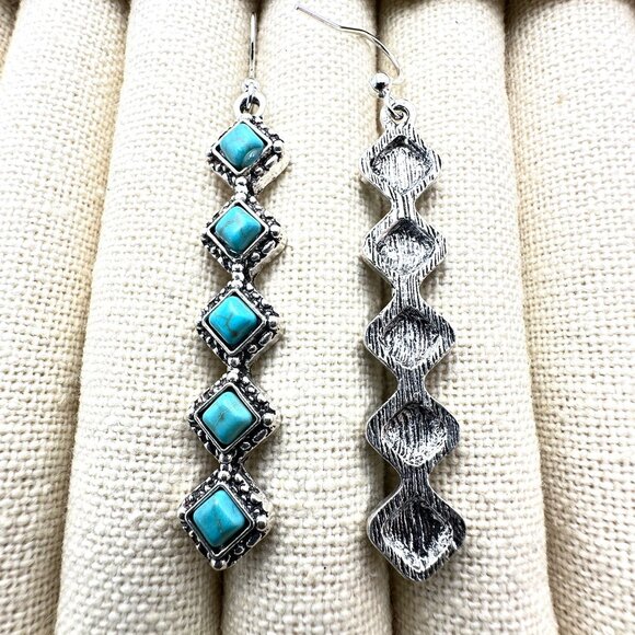 Western Style Silver Tone Chandelier Pierced Earrings Faux Turquoise 2.5" - Picture 5 of 5